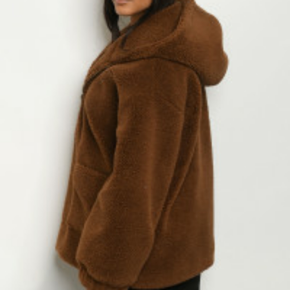 Teddy bear Sherpa hooded jacket coat in brown - Picture 4 of 8